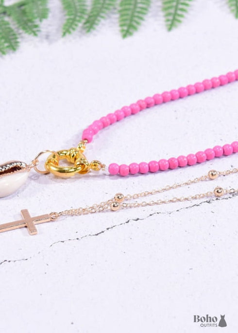 Boho Necklace, Seed Bead Choker, 2 Layers Cross & Shell